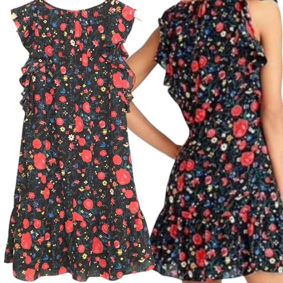 NWOT J.Crew Black Red Printed Floral Flutter Dress With Ruffle Sleeves Size XS - Picture 6 of 6